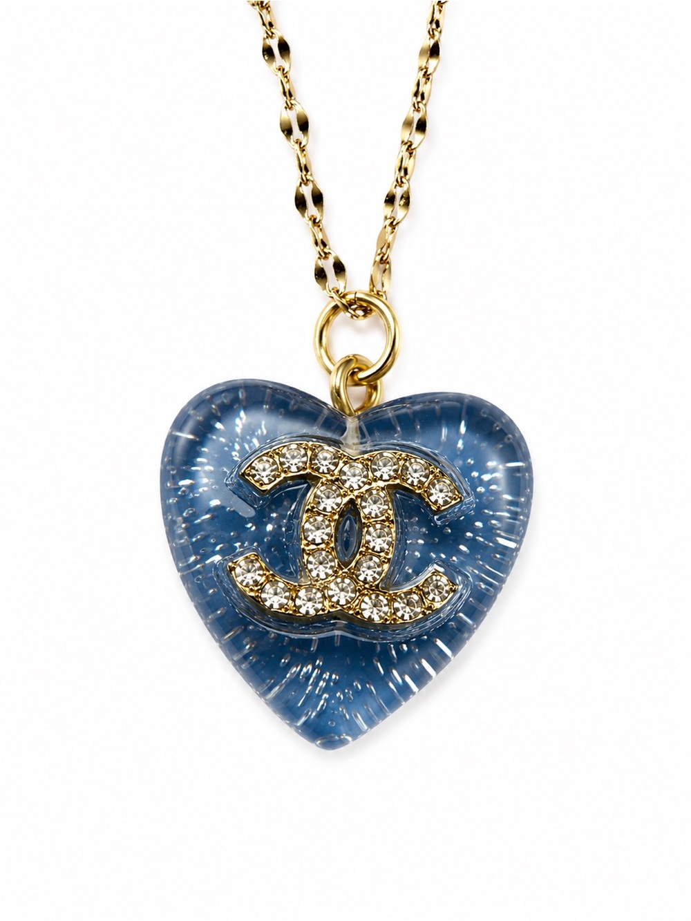 CHANEL Gold Chain Necklace with Blue Heart Charm